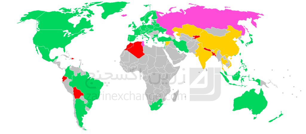 وضعیت قانون‌گذاری بیت کوین در جهان. سبز: پذیرفته شده. نارنجی: محدود قرمز: ممنوع